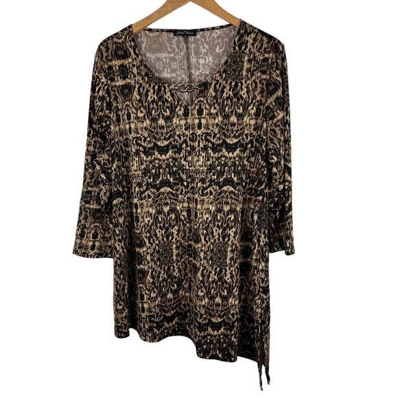 Slinky Brand Tunic Top Women's Size 1X Asymmetric Blouse V Neck Black Brown Long - Picture 1 of 11